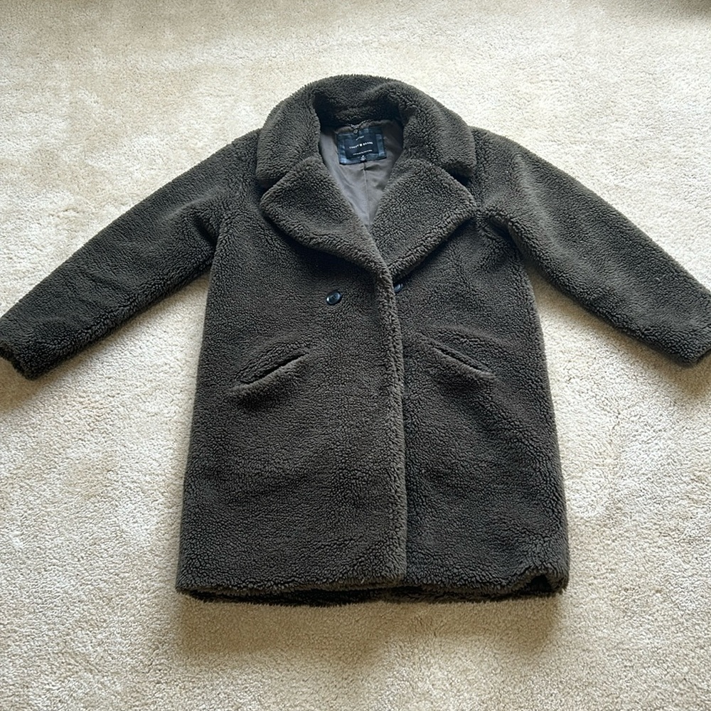 Lucky Brand Dk Khaki Coat Size M front buttons & snaps, 2 front pockets